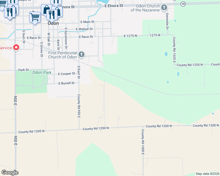 map of restaurants, bars, coffee shops, grocery stores, and more near 9638 East 1200 North in Odon