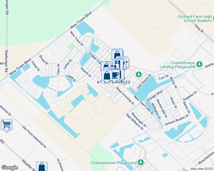 map of restaurants, bars, coffee shops, grocery stores, and more near 3555 Arpent Street in Saint Charles