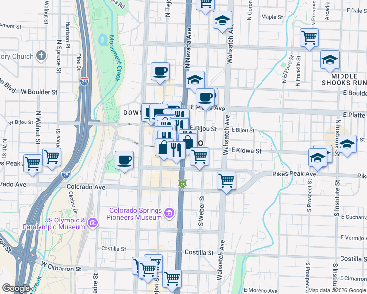 map of restaurants, bars, coffee shops, grocery stores, and more near in Colorado Springs