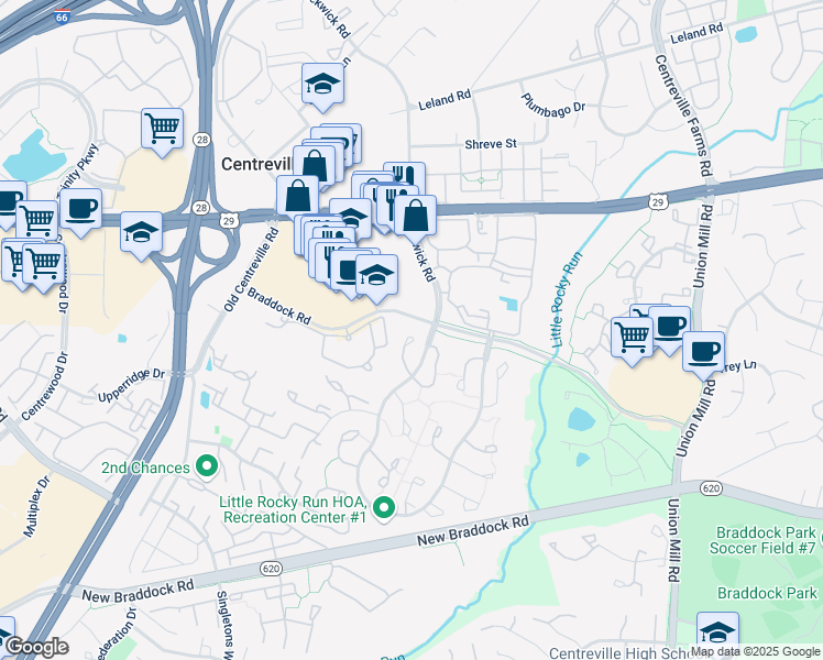 map of restaurants, bars, coffee shops, grocery stores, and more near 5820 Westwater Court in Centreville