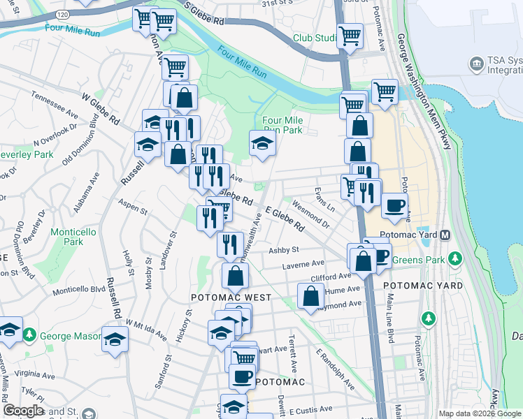 map of restaurants, bars, coffee shops, grocery stores, and more near 11 East Glebe Road in Alexandria