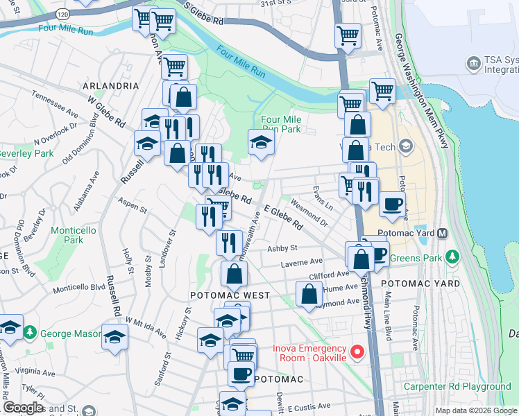 map of restaurants, bars, coffee shops, grocery stores, and more near 7 East Glebe Road in Alexandria