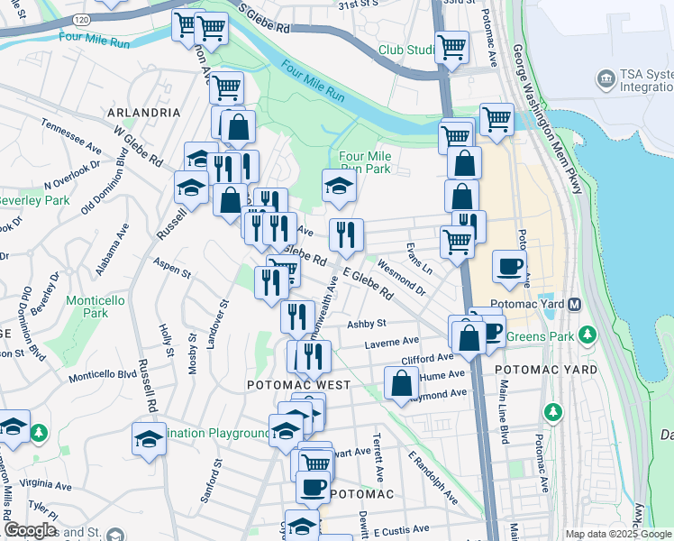 map of restaurants, bars, coffee shops, grocery stores, and more near 5 East Glebe Road in Alexandria