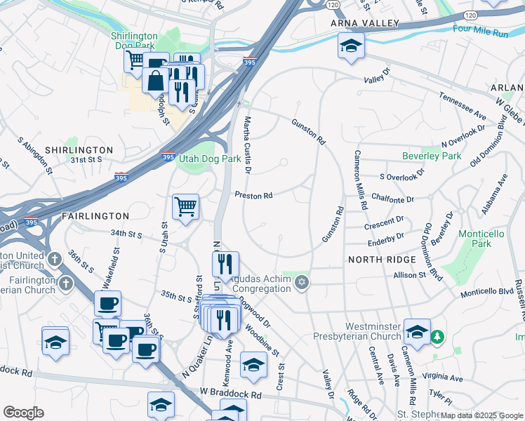 map of restaurants, bars, coffee shops, grocery stores, and more near 1742 Preston Road in Alexandria