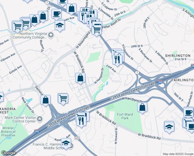map of restaurants, bars, coffee shops, grocery stores, and more near 4653 Kirkpatrick Lane in Alexandria