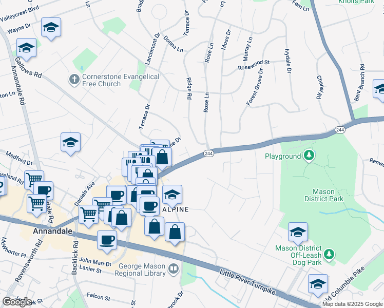 map of restaurants, bars, coffee shops, grocery stores, and more near 4107 Martin Taylor Court in Annandale