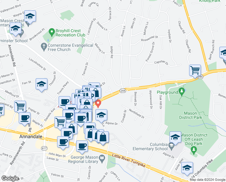 map of restaurants, bars, coffee shops, grocery stores, and more near 4107 Martin Taylor Court in Annandale