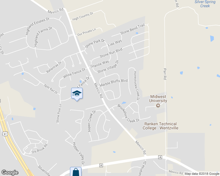 map of restaurants, bars, coffee shops, grocery stores, and more near 307 Marble Bend Drive in Wentzville