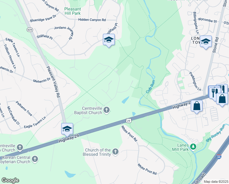 map of restaurants, bars, coffee shops, grocery stores, and more near 15166 Wetherburn Drive in Centreville