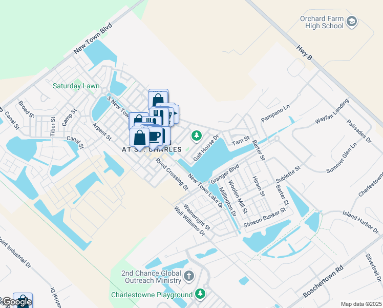 map of restaurants, bars, coffee shops, grocery stores, and more near 3308 Civic Green Drive in Saint Charles