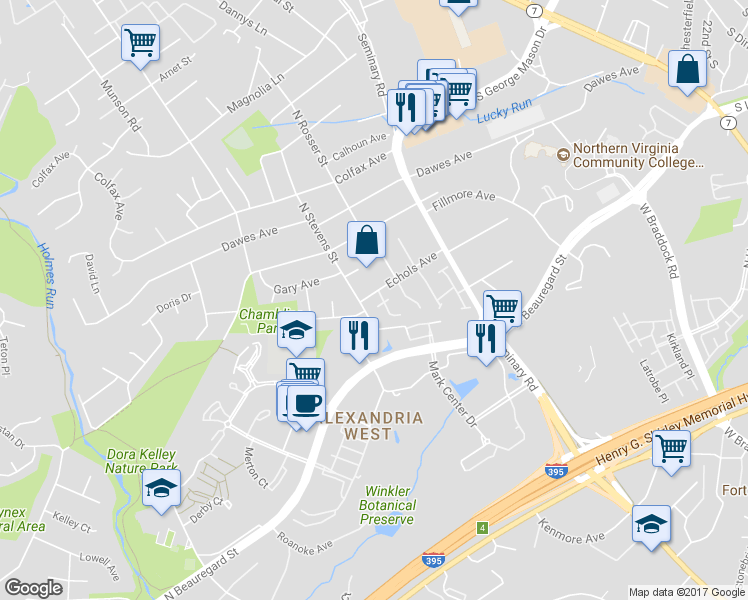 map of restaurants, bars, coffee shops, grocery stores, and more near 5400 Echols Avenue in Alexandria