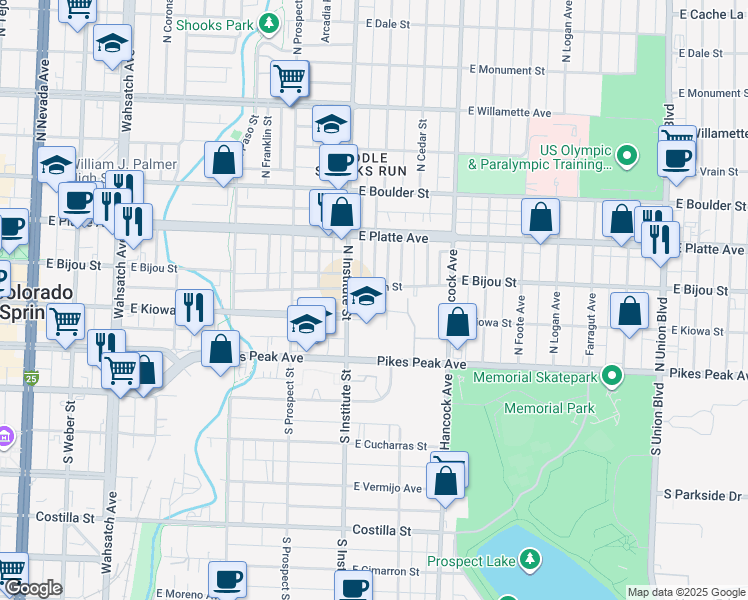 map of restaurants, bars, coffee shops, grocery stores, and more near 5 North Institute Street in Colorado Springs
