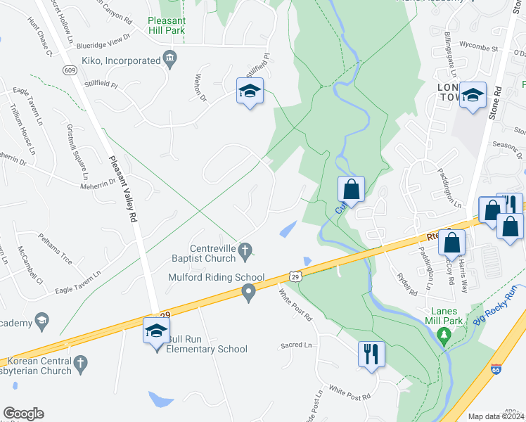 map of restaurants, bars, coffee shops, grocery stores, and more near 15166 Wetherburn Drive in Centreville