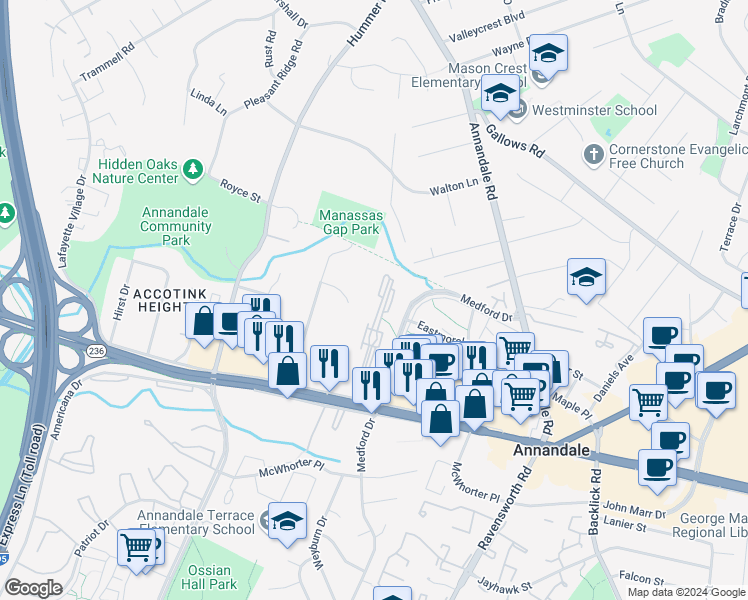 map of restaurants, bars, coffee shops, grocery stores, and more near 4116 Wadsworth Court in Annandale