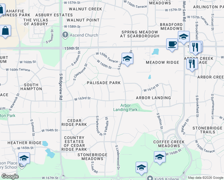 map of restaurants, bars, coffee shops, grocery stores, and more near 17574 West 162nd Street in Olathe
