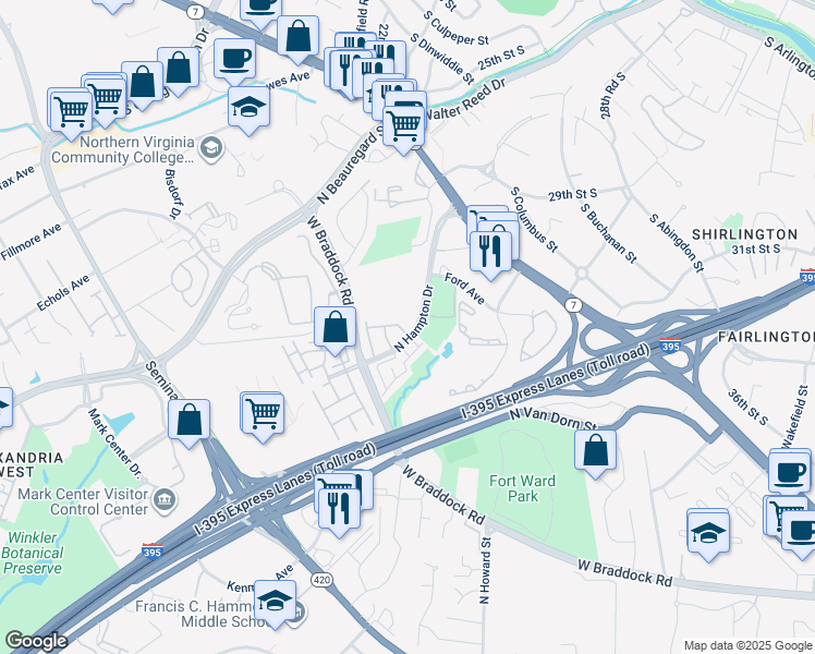 map of restaurants, bars, coffee shops, grocery stores, and more near 4653 Kirkpatrick Lane in Alexandria