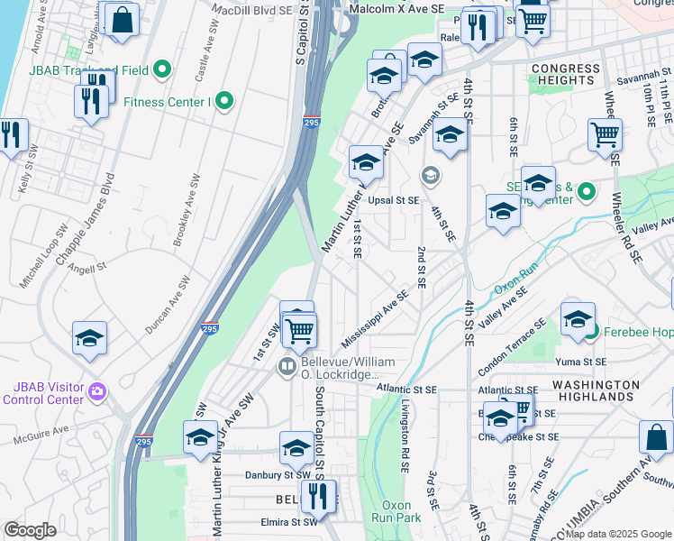 map of restaurants, bars, coffee shops, grocery stores, and more near 10 Halley Place Southeast in Washington