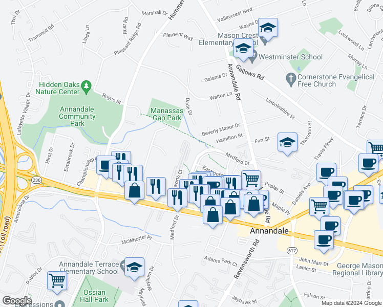 map of restaurants, bars, coffee shops, grocery stores, and more near 4109 Wadsworth Court in Annandale