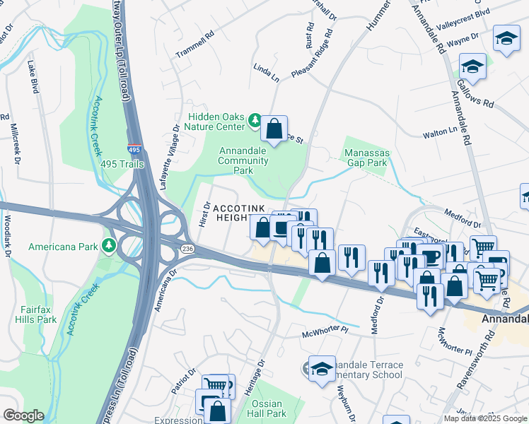 map of restaurants, bars, coffee shops, grocery stores, and more near 4096 Championship Court in Annandale