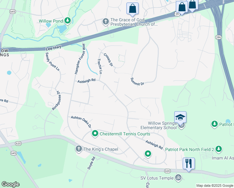 map of restaurants, bars, coffee shops, grocery stores, and more near 5399 Harrow Lane in Fairfax