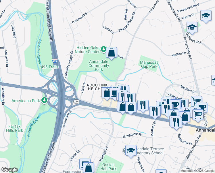 map of restaurants, bars, coffee shops, grocery stores, and more near 4096 Championship Court in Annandale