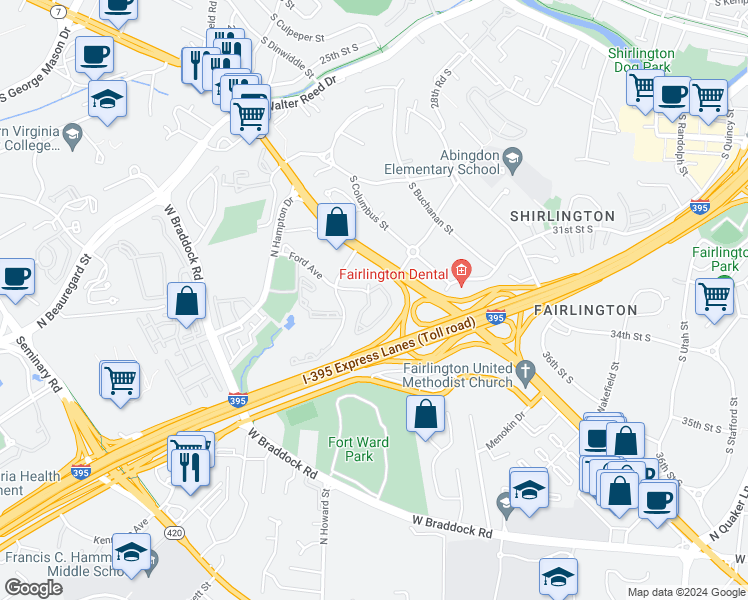 map of restaurants, bars, coffee shops, grocery stores, and more near 3311 Wyndham Circle in Alexandria