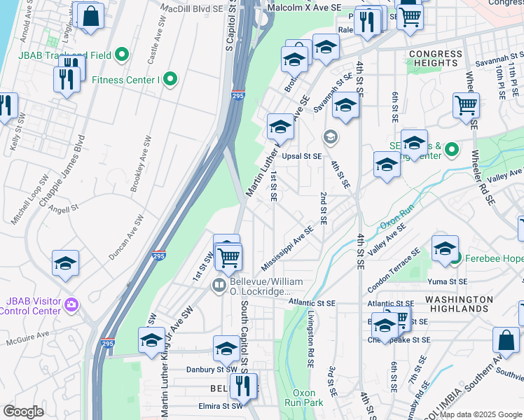 map of restaurants, bars, coffee shops, grocery stores, and more near 3794 Martin Luther King Junior Avenue Southeast in Washington