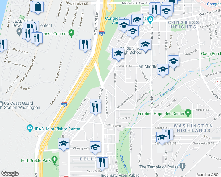 map of restaurants, bars, coffee shops, grocery stores, and more near 10 Halley Place Southeast in Washington