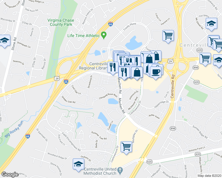 map of restaurants, bars, coffee shops, grocery stores, and more near 14302 Rosy Lane in Centreville