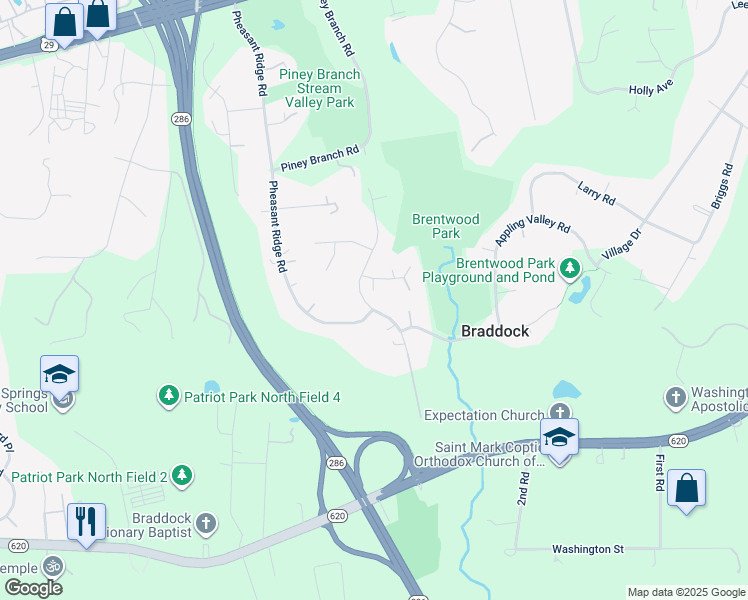 map of restaurants, bars, coffee shops, grocery stores, and more near 5121 Brentwood Farm Drive in Fairfax