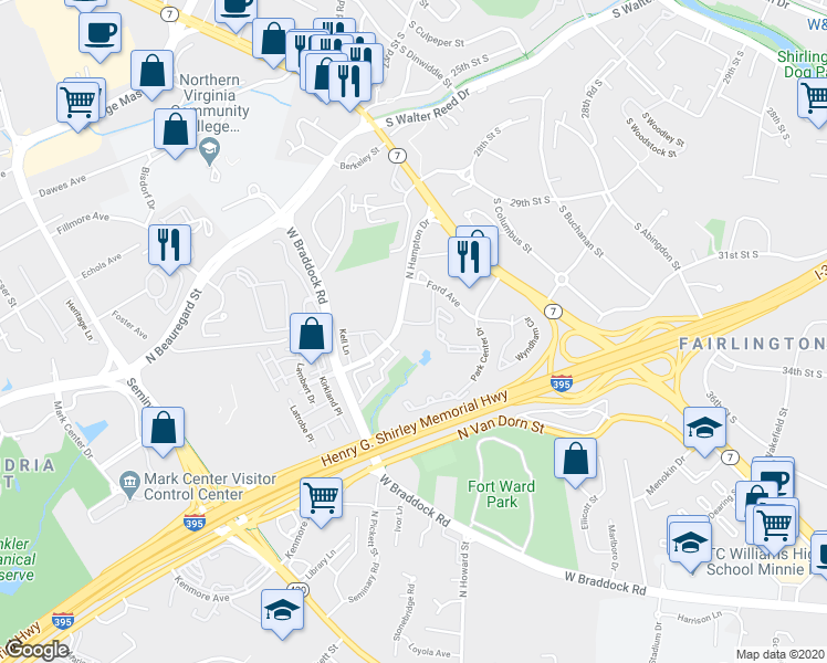map of restaurants, bars, coffee shops, grocery stores, and more near 4556 Strutfield Lane in Alexandria