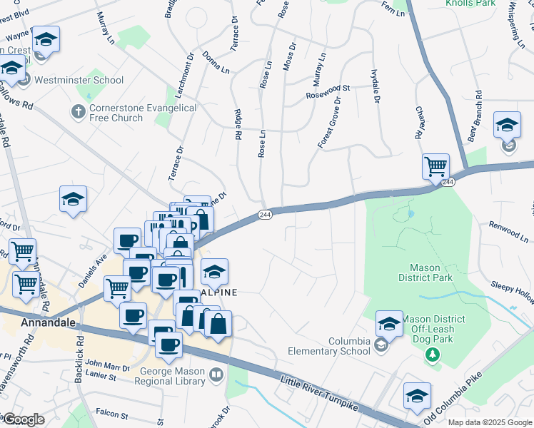 map of restaurants, bars, coffee shops, grocery stores, and more near Columbia Pike & Rose Ln in Annandale