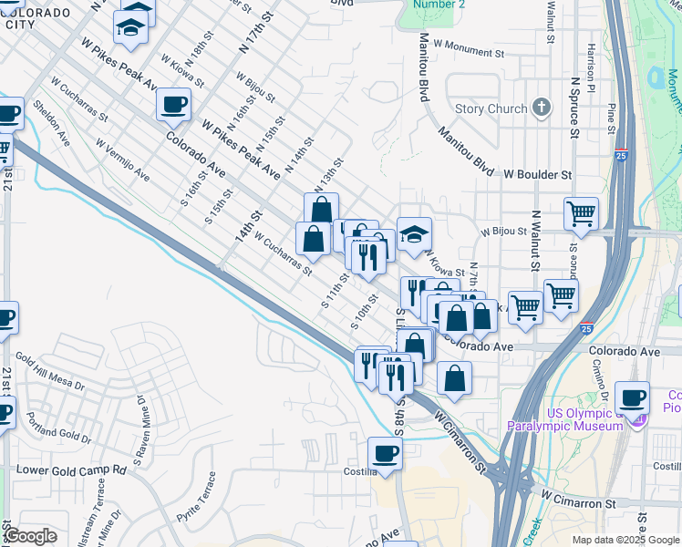 map of restaurants, bars, coffee shops, grocery stores, and more near 1106 West Cucharras Street in Colorado Springs