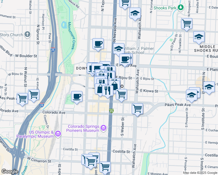 map of restaurants, bars, coffee shops, grocery stores, and more near 130 East Kiowa Street in Colorado Springs