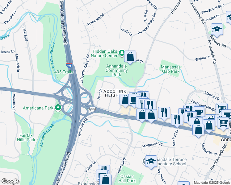 map of restaurants, bars, coffee shops, grocery stores, and more near 4021 Estabrook Drive in Annandale