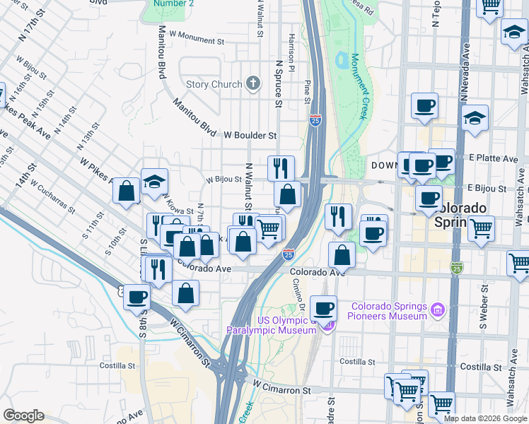 map of restaurants, bars, coffee shops, grocery stores, and more near 413 West Kiowa Street in Colorado Springs