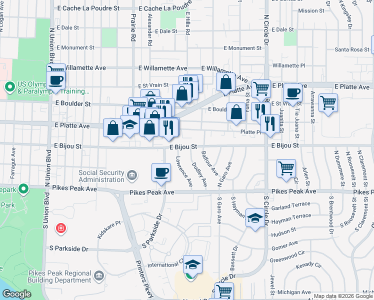 map of restaurants, bars, coffee shops, grocery stores, and more near 122 Dudley Avenue in Colorado Springs
