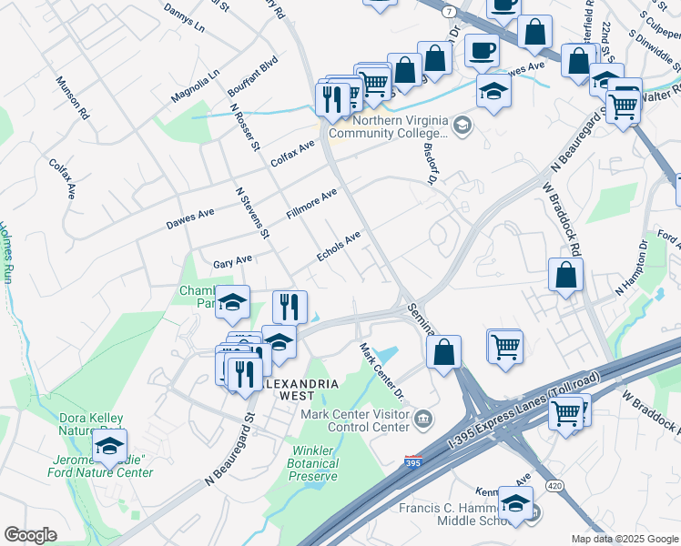 map of restaurants, bars, coffee shops, grocery stores, and more near 2677 Centennial Court in Alexandria