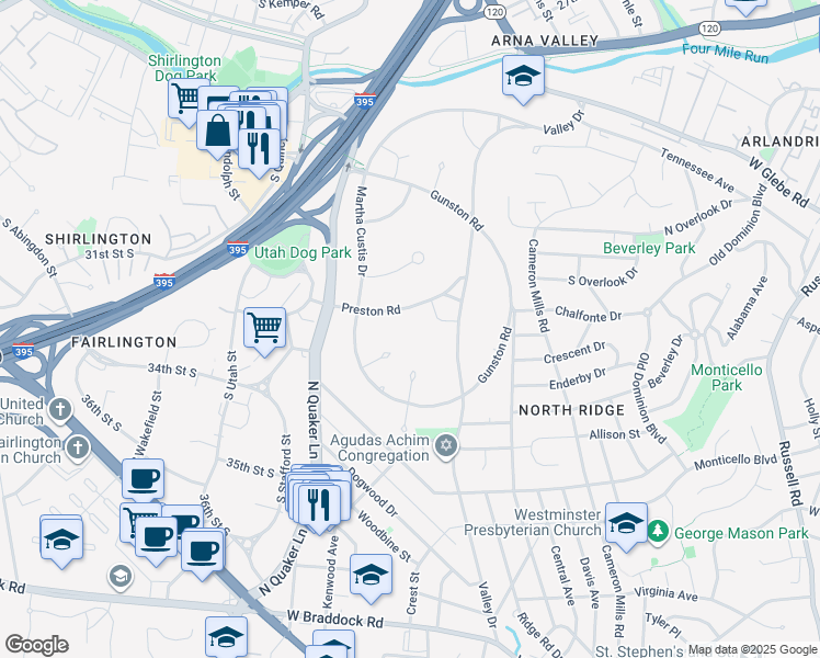 map of restaurants, bars, coffee shops, grocery stores, and more near 1650 Preston Road in Alexandria
