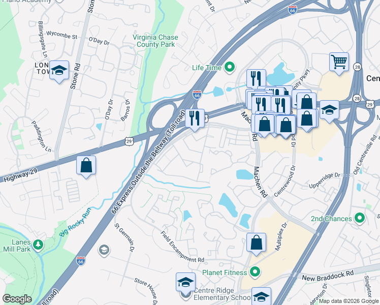 map of restaurants, bars, coffee shops, grocery stores, and more near 14441 Turin Lane in Centreville