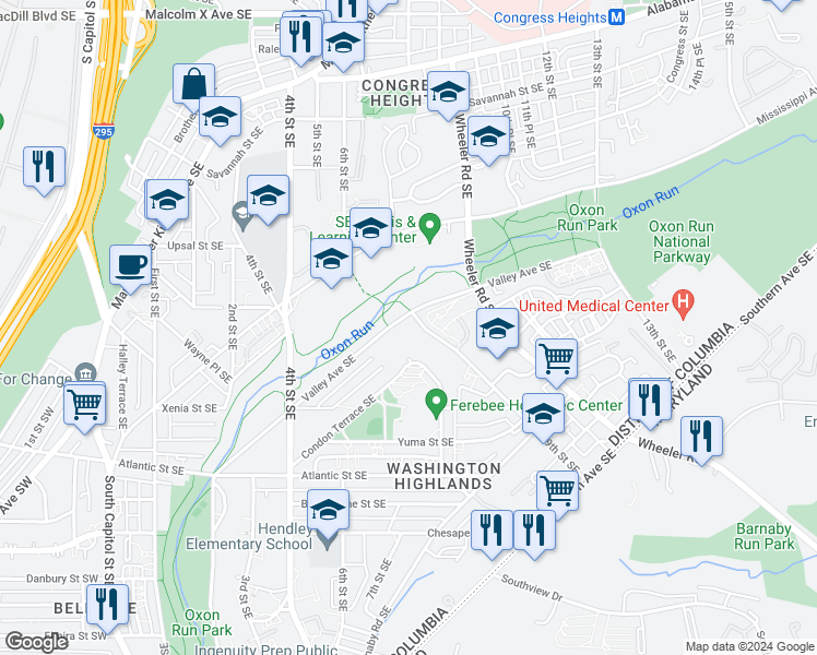 map of restaurants, bars, coffee shops, grocery stores, and more near 563 Valley Avenue Southeast in Washington