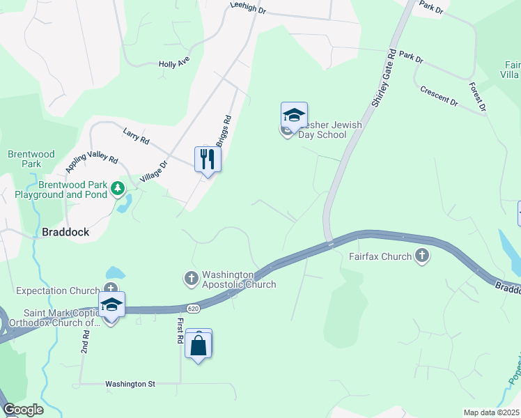 map of restaurants, bars, coffee shops, grocery stores, and more near 11616 Shirley Lane in Fairfax