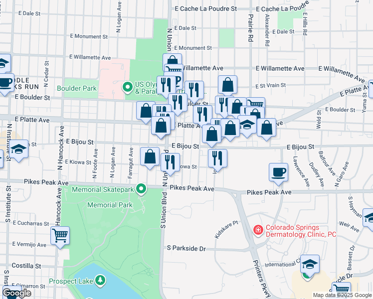 map of restaurants, bars, coffee shops, grocery stores, and more near 115 Bonfoy Avenue in Colorado Springs
