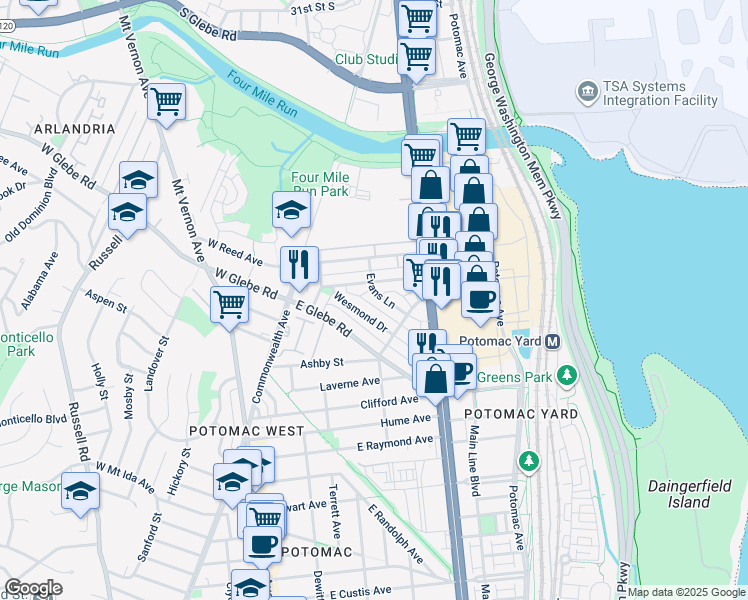 map of restaurants, bars, coffee shops, grocery stores, and more near 215 Evans Lane in Alexandria