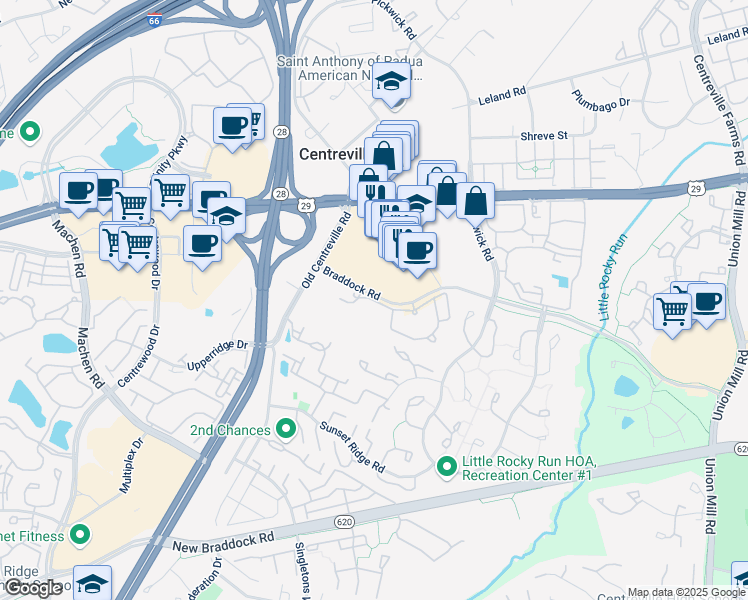 map of restaurants, bars, coffee shops, grocery stores, and more near 13843 Braddock Springs Road in Centreville