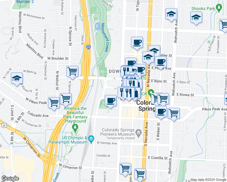 map of restaurants, bars, coffee shops, grocery stores, and more near 21 West Kiowa Street in Colorado Springs