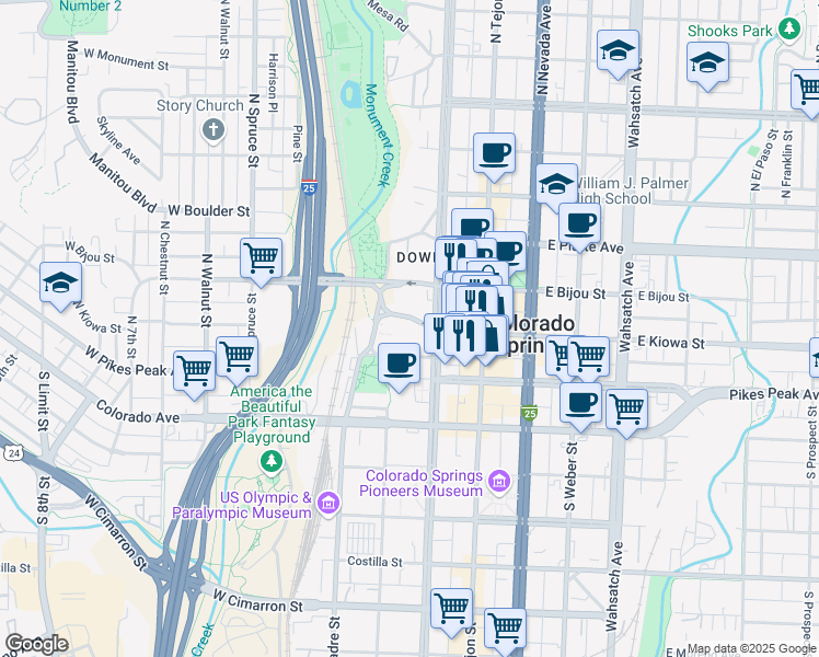 map of restaurants, bars, coffee shops, grocery stores, and more near 21 West Kiowa Street in Colorado Springs