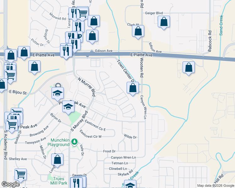 map of restaurants, bars, coffee shops, grocery stores, and more near 205 North Murray Boulevard in Colorado Springs