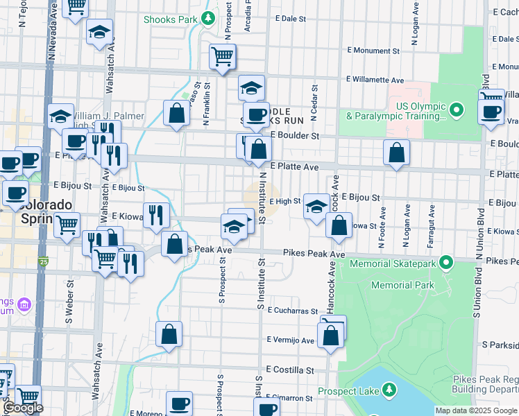 map of restaurants, bars, coffee shops, grocery stores, and more near 848 East Kiowa Street in Colorado Springs