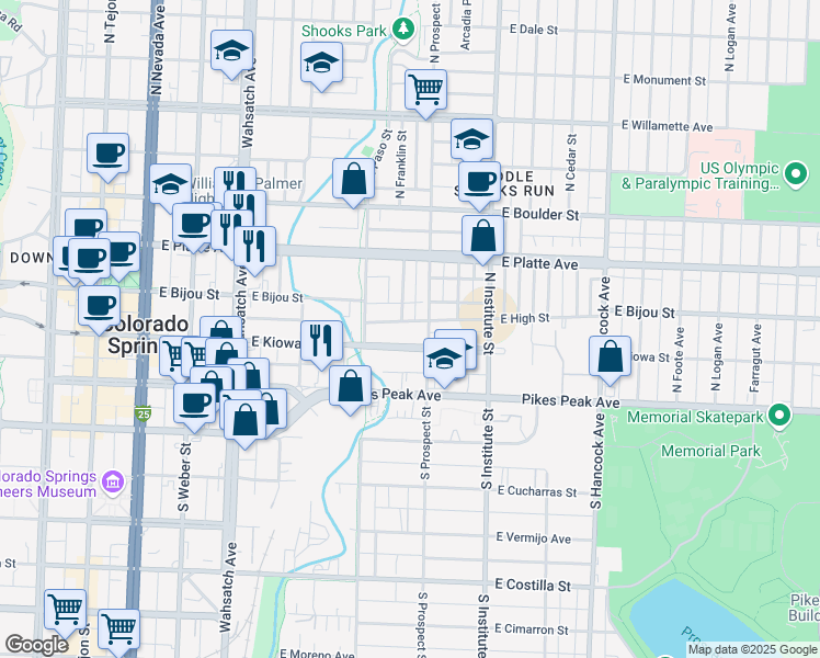 map of restaurants, bars, coffee shops, grocery stores, and more near 744 East Kiowa Street in Colorado Springs